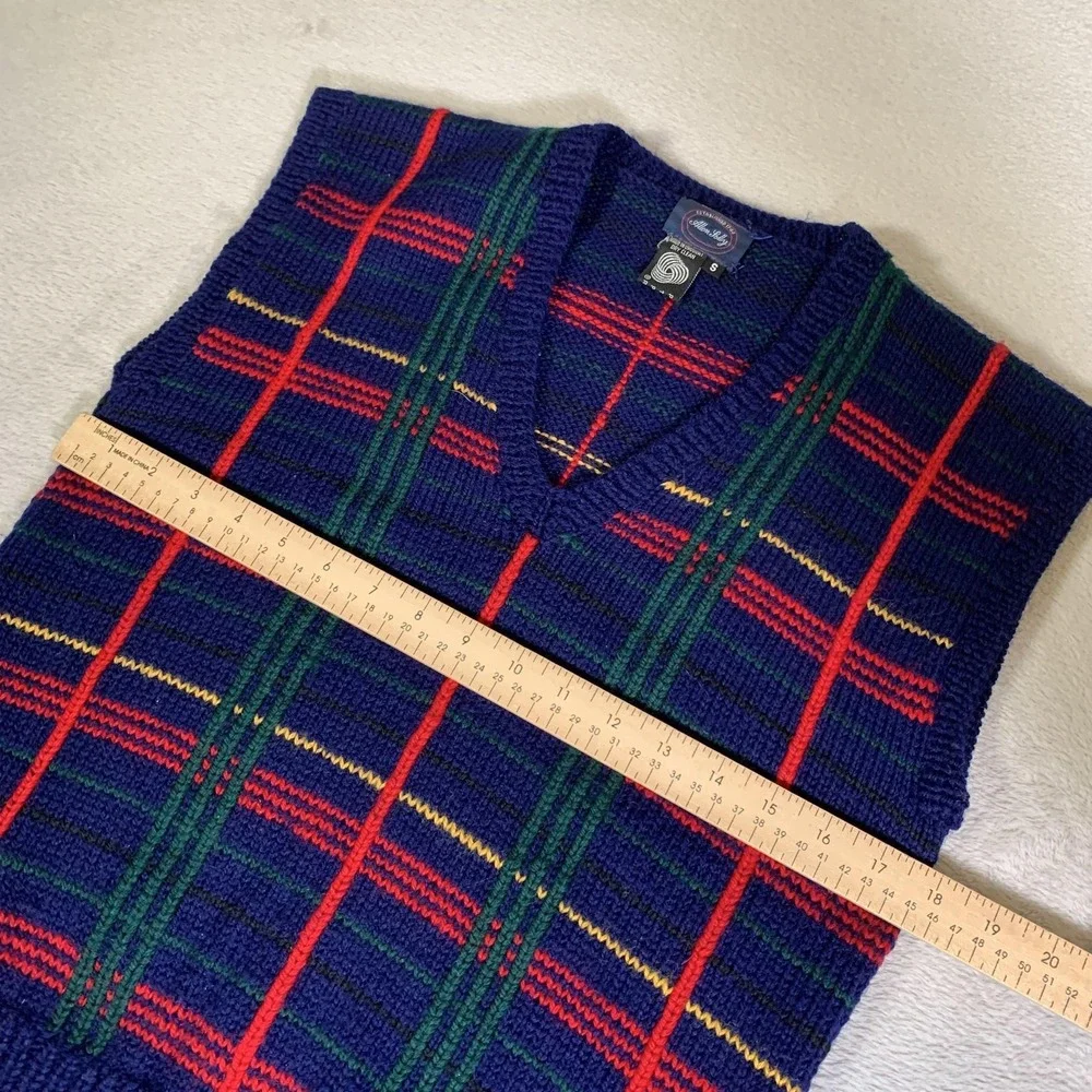 Vintage Allen Solly Sweater Vest Mens S Blue Plaid V Neck 100% Wool Knit Uruguay